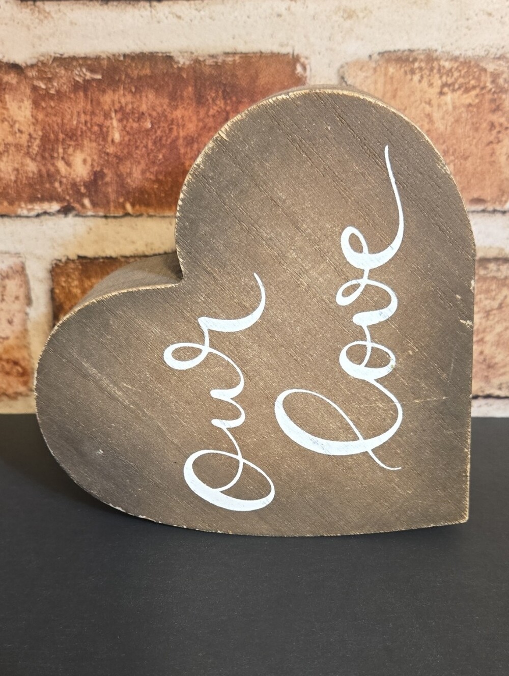 Rustic Brown Heart Shelf Accent with White Script "Our Love"